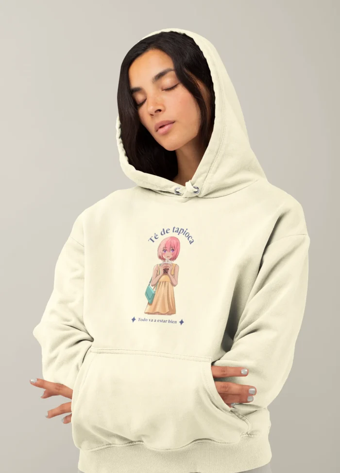 White Hoodie with Chibi Anime Tapioca Tea Design for Woman - Image 2