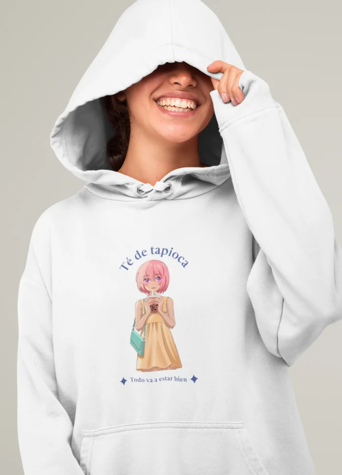 White Hoodie with Chibi Anime Tapioca Tea Design for Woman