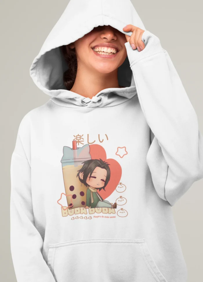 Oversized Hoodie with Chibi Anime Boba Tea Design for Womans