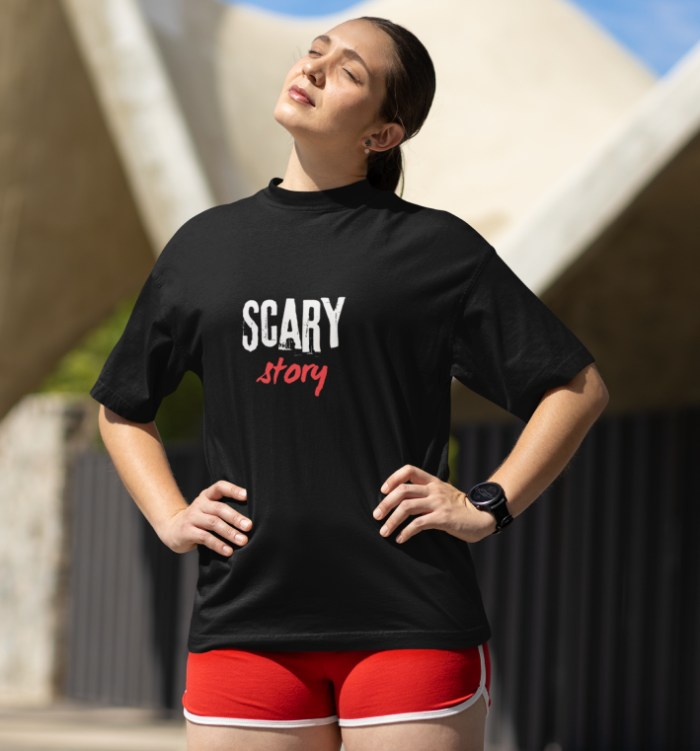 Scary Story Graphic Over Sized Drop Shoulder T-Shirt – Black - (BLACKED) - Image 2